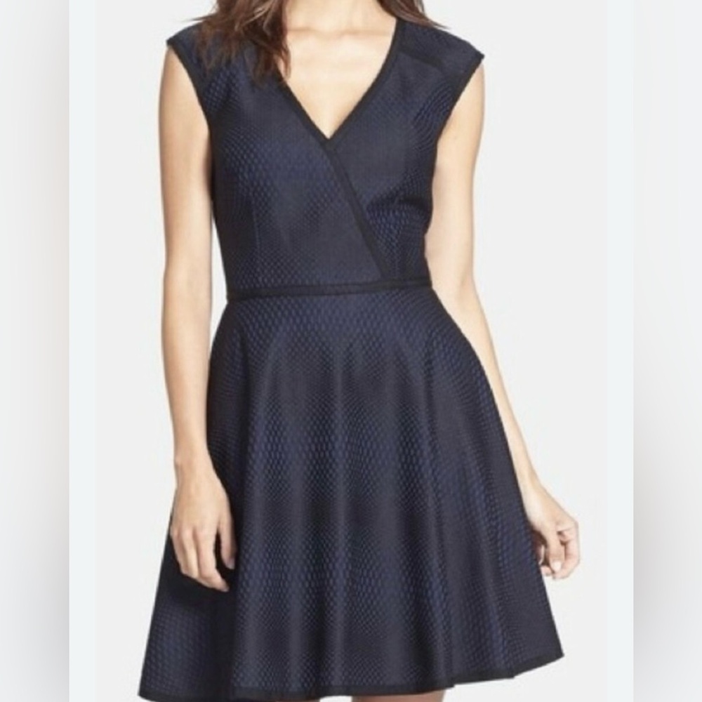 TRINA TURK fit & flare Sz 8 Blue w/ Black Mesh Overlay V-Neck Cut-Out Back Dress